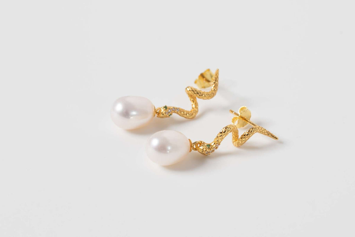 Lilith Pearl Drop Earrings with 7 mm freshwater pearls and gold plated .925 sterling silver setting