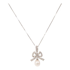 Lily Serenade necklace with freshwater pearl drop and sterling silver floral bow pendant