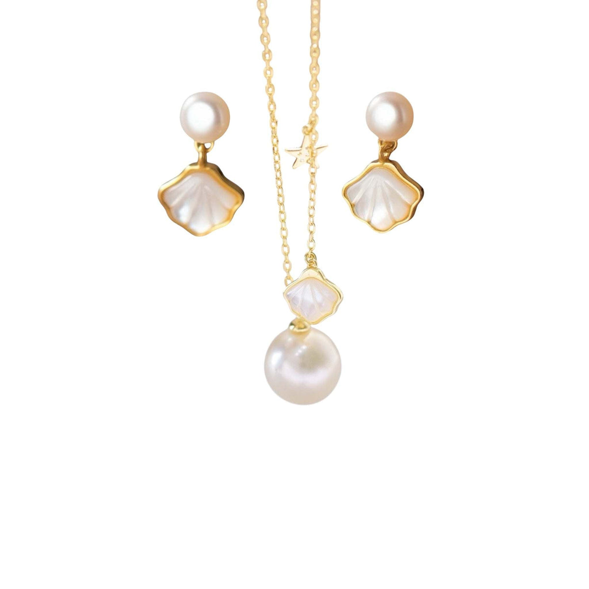 Shellora Sterling Silver Set with shell-inspired pendant necklace and freshwater pearl drop earrings