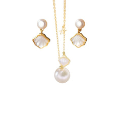 Shellora Sterling Silver Set with shell-inspired pendant necklace and freshwater pearl drop earrings