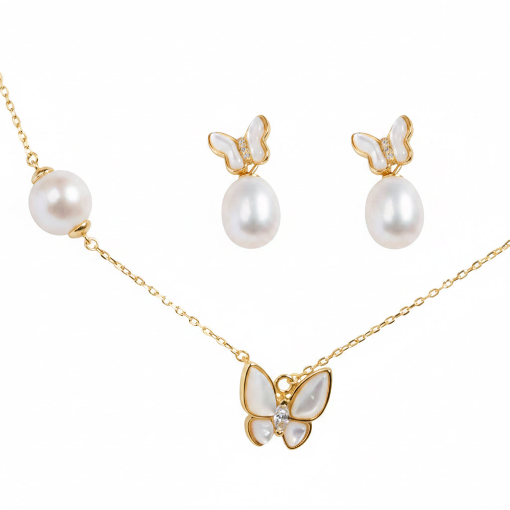 Butterfly Pearl Whisper jewelry set with butterfly motif and freshwater pearls in 18K gold plated sterling silver
