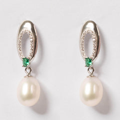 Enigma Pearl Drop Earrings featuring 7-8mm freshwater pearls with emerald accents