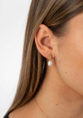 pair of gold plated pearl drop earrings displayed on white surface