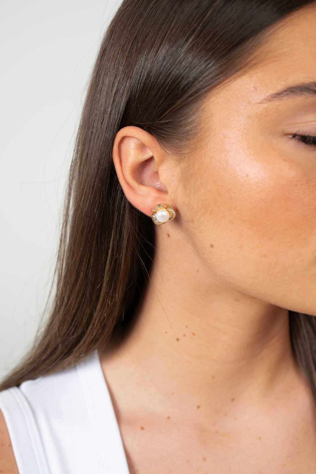 Additional angle of Rosette Pearl Stud earrings highlighting the sterling silver and pearl details